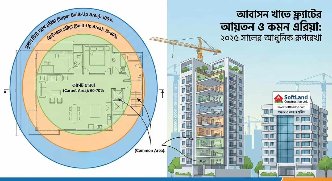 ফ্ল্যাটের কার্পেট এরিয়া, বিল্ট-আপ এরিয়া এবং কমন এরিয়া পরিমাপের ডায়াগ্রাম ২০২৫